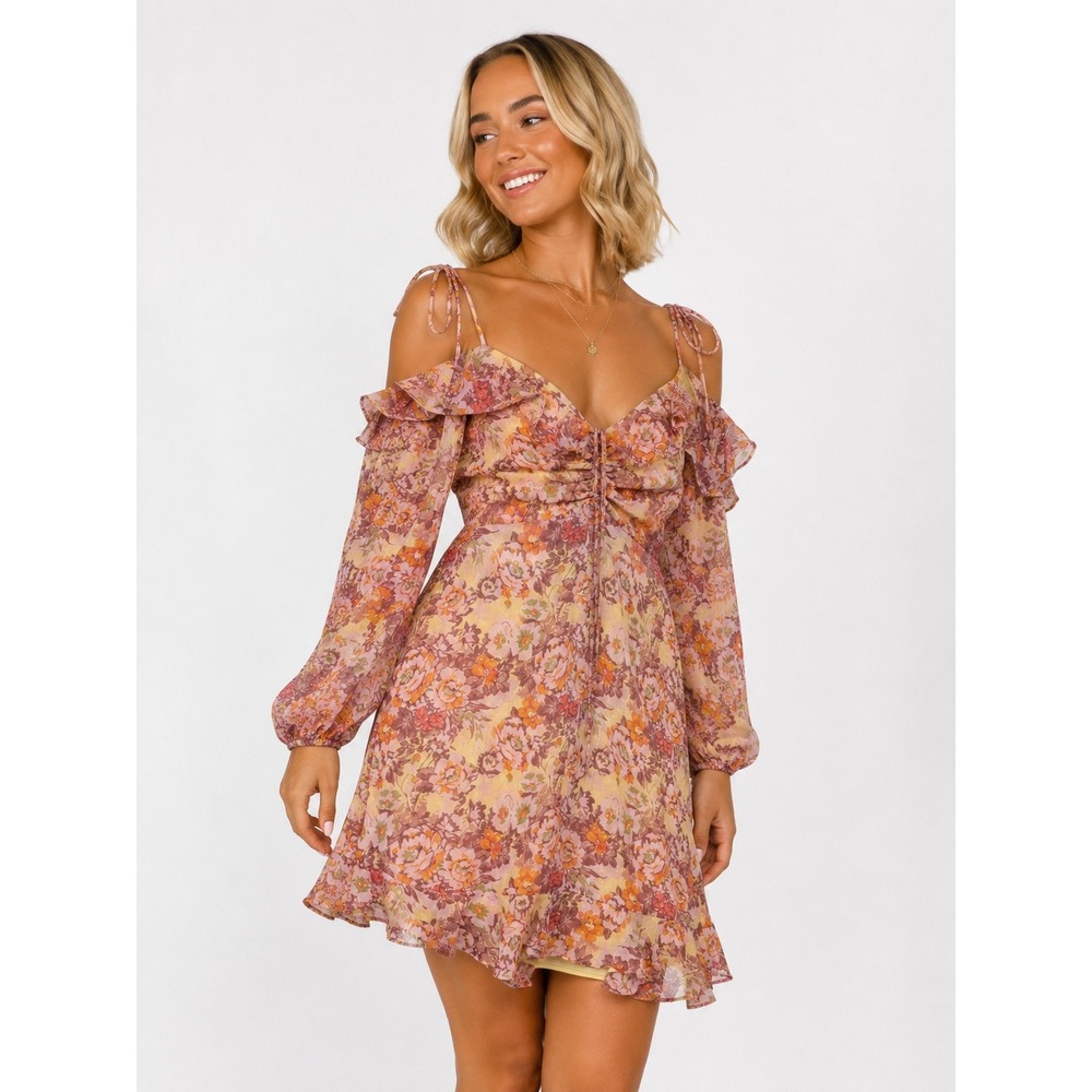Rewind Garden Pink Floral Cold Shoulder Cutout Mini Dress L NWT New